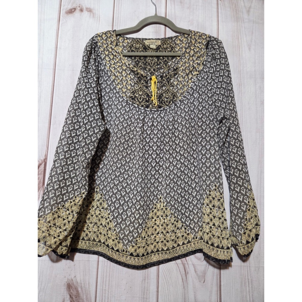 One World Womens Grey Yellow Geometric Damask Chiffon Tassel Blouse Size M